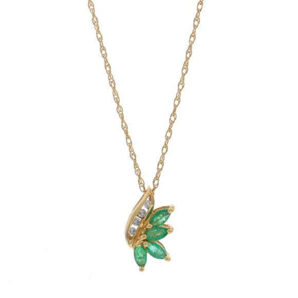 Yellow Gold Emerald Diamond Necklace 19" - 14k Marquise .40ctw Leaves Four-Stone - Picture 1 of 5